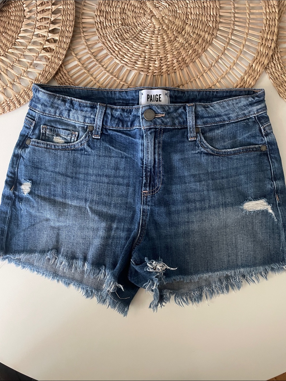 PAIGE 29 Daryn Short 98% Cotton 
 Blue Distressed Denim Cutoff Shorts